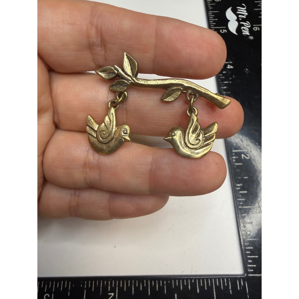 JJ Jonette Jewelry Brass Bird Branch Brooch Pin Dangle Charms Nature Figural